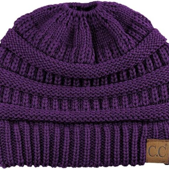 C.C BeanieTail Soft Stretch Cable Knit Messy High Bun Ponytail Beanie Hat - Picture 3 of 4